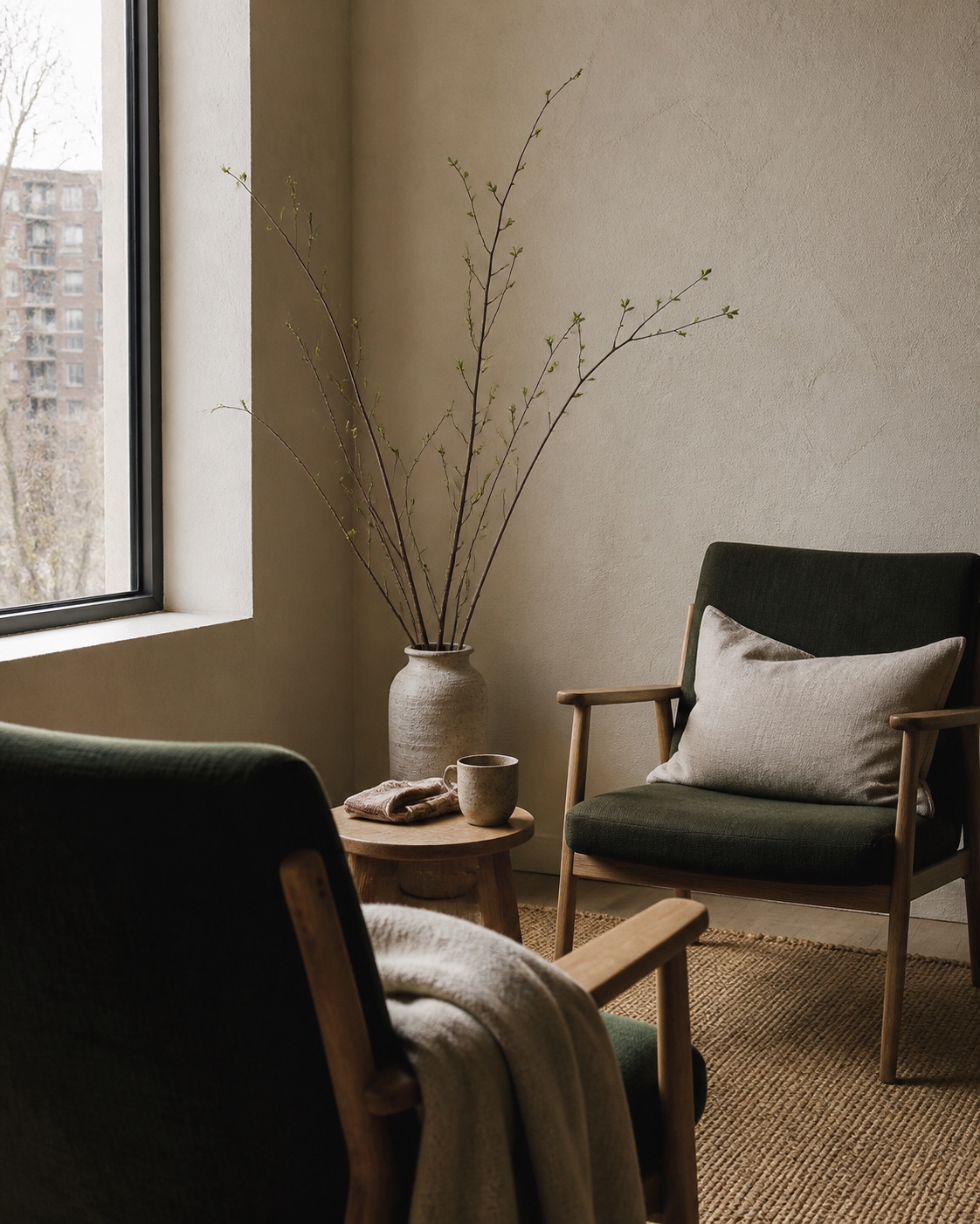 Two deep green chairs and a small wood table in a quiet room with natural light.